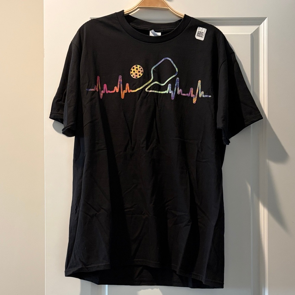 Cool Pickleball Black Tee with Rainbow Ping Pong Heartbeat Graphic, SZ Large